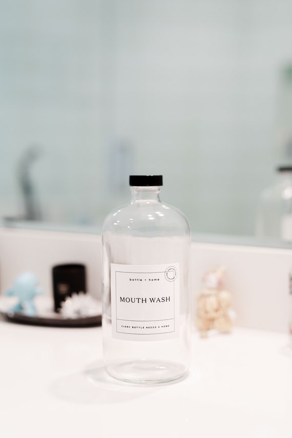 32oz Clear Glass Mouthwash. 4 Types of Designs.Waterproof/Vinyl Label.   Refillable Bottles. High Quality. Refillable Bottle. Free Shipping.