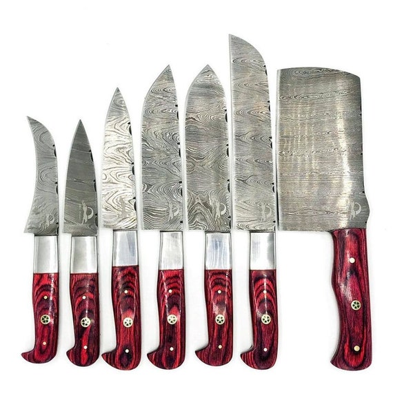 Master Chef Knife Set 7 Pieces Red Pakka Wood Handles Damascus 