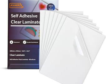 May include: A pack of 10 clear self-adhesive vinyl laminates, each measuring 8.66 inches by 12.2 inches. The laminates are waterproof and made from durable vinyl material. The packaging features the brand name "AVARRIX" and the text "Self Adhesive Clear Laminate".