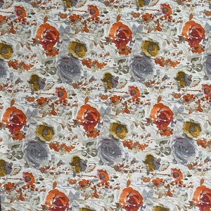 May include: A seamless pattern featuring a repeating design of orange, red, and grey flowers on a white background.