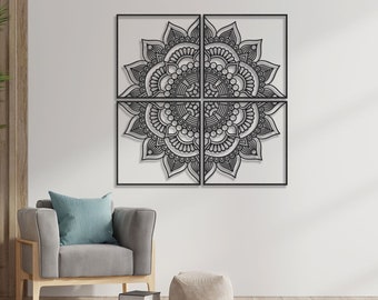 Arte de pared de mandala de metal: decoración geométrica grande de 4 piezas (45 x 45)
