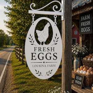 May include: White metal sign with a chicken silhouette, the words "FRESH EGGS" and "LOUSINA FARM". The sign hangs from a decorative bracket. A wooden post supports the sign, with a "FARM FRESH EGGS" sign in the background.