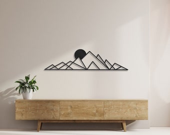 Geometric Mountain And Sun Metal Wall Art - Large Mountain Decoration - Farmhouse Style Steel Wall Decor - Above Bed Mountain Wall Art