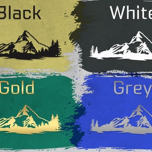 May include: Four images of a mountain silhouette with trees in front of it. The mountain and trees are in black, white, gold, and silver. The background is a textured yellow, gray, green, and blue.