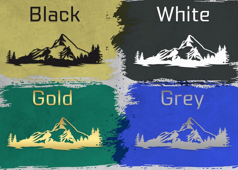May include: Four images of a mountain silhouette with trees in front of it. The mountain and trees are in black, white, gold, and silver. The background is a textured yellow, gray, green, and blue.