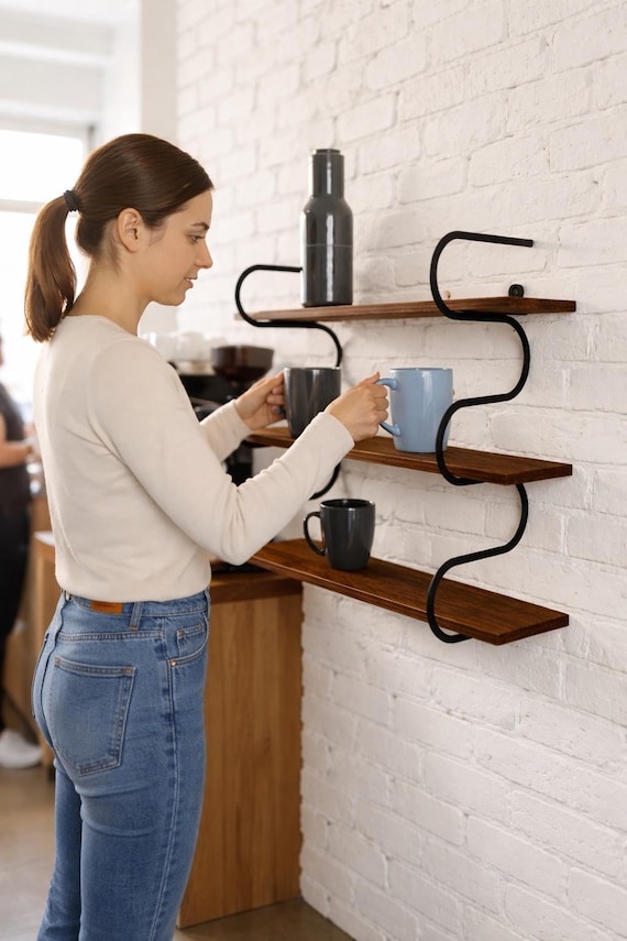 木製と金属製の壁掛け棚、モダンな吊り棚 - Etsy 日本
