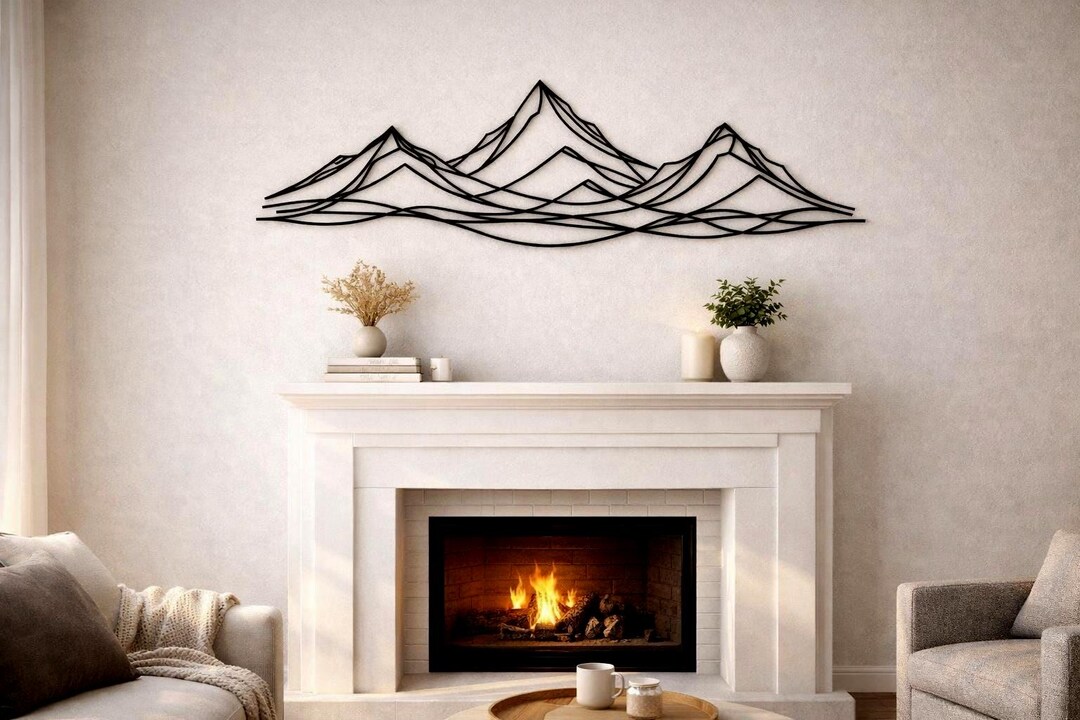 Metal Wall Art Mountain Scene, Living Room Framed Wall Decor Large ...