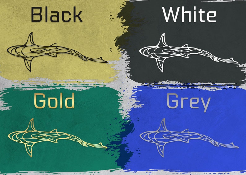 May include: An image showcasing four color options for a shark-shaped wall art. The options are black, white, gold, and grey, each displayed on a textured background with the color name above the shark design.