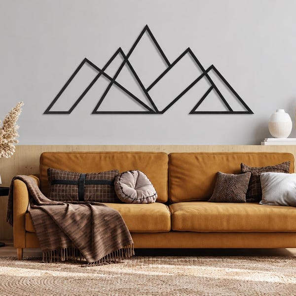 Arte mural de metal con temática de montañas, arte mural de montañas de gran tamaño, decoración mural de cordilleras, decoración minimalista de montañas, arte mural de metal con temática de chimenea.