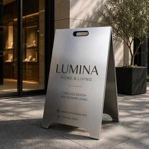Pode incluir: Uma placa de calçada em forma de A de prata escovada com o texto preto LUMINA HOME & LIVING, o slogan TIMELESS DESIGN FOR MODERN LIVING, um URL de site e um identificador do Instagram, com uma alça recortada no topo.