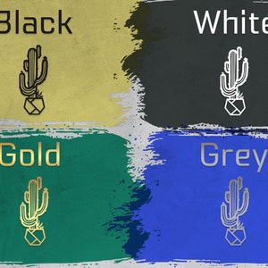 May include: Four squares of colour with the words "Black", "White", "Gold", and "Grey" written in the corresponding colour. Each square features a black line drawing of a cactus in a pot.