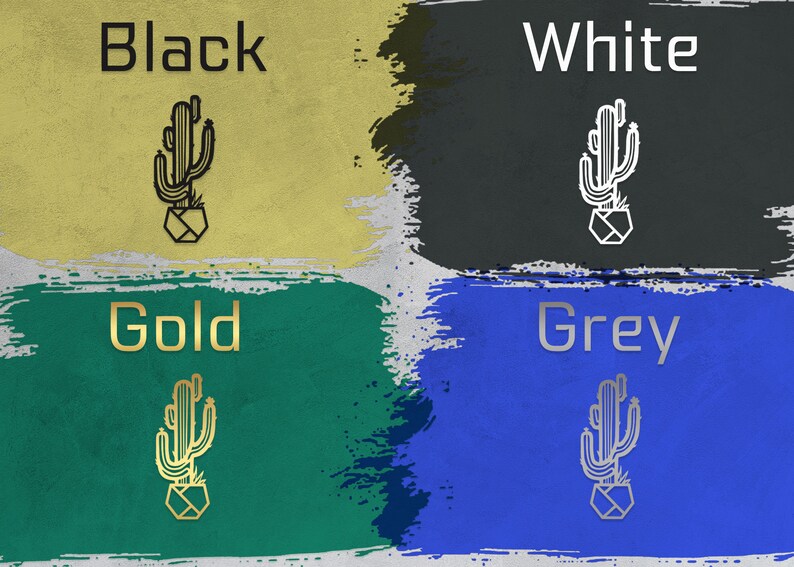 May include: Four squares of colour with the words "Black", "White", "Gold", and "Grey" written in the corresponding colour. Each square features a black line drawing of a cactus in a pot.