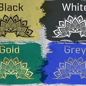 Puede incluir: Cuatro dise&ntilde;os de mandalas en diferentes colores: negro sobre amarillo, blanco sobre gris, dorado sobre verde y plateado sobre azul. Cada mandala es un dise&ntilde;o de medio c&iacute;rculo con detalles intrincados.