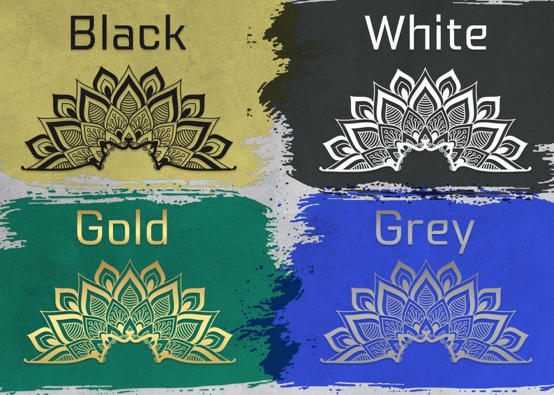 Puede incluir: Cuatro dise&ntilde;os de mandalas en diferentes colores: negro sobre amarillo, blanco sobre gris, dorado sobre verde y plateado sobre azul. Cada mandala es un dise&ntilde;o de medio c&iacute;rculo con detalles intrincados.