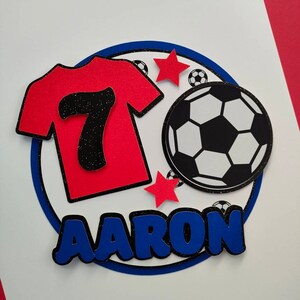 May include: A red soccer jersey with the number 7 on it, a black and white soccer ball, two red stars, and the name "AARON" in blue letters on a white background.