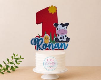 Personalised Farm Animal Cake Topper, Farm Birthday Cake Decoration, Name & Age Cake Topper, Barnyard Party Decor, 1st Birthday, Any Age