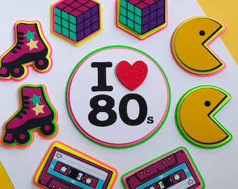 Neon 80s Theme Cake Toppers | Retro Party Decorations (Set of 9)