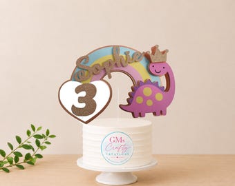 Personalised Rainbow Dinosaur Cake Topper, Dinosaur Birthday Decoration, Custom Name & Age Topper, Rainbow Dino Party Decor