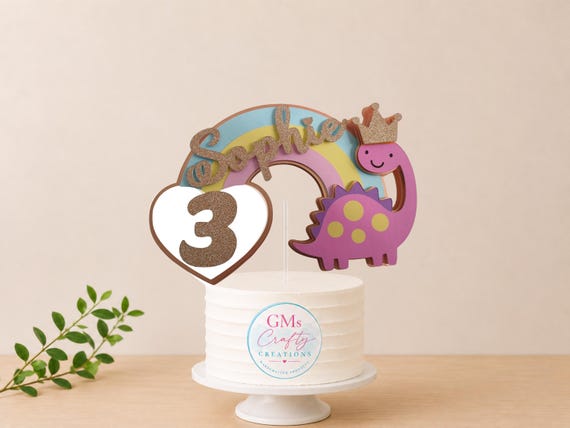 Personalised Rainbow Dinosaur Cake Topper, Dinosaur Birthday Decoration, Custom Name & Age Topper, Rainbow Dino Party Decor