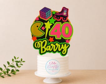 Neon 80s Theme Cake Topper | Personalized Birthday Party Decoration