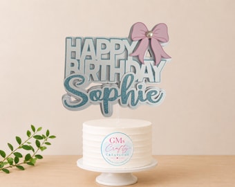 Personalized Glitter Bow Cake Topper | Birthday Party Decoration
