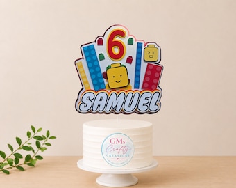Personalised Building Blocks Cake Topper, Brick Theme Birthday Cake Topper, Custom Name & Age Party Decoration, Building Blocks Birthday