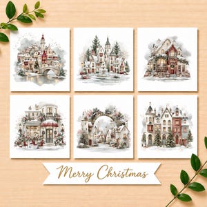 May include: Six square cards featuring watercolour illustrations of winter village scenes with snow-covered buildings, trees, and festive decorations. Below the cards, a white banner displays the gold cursive text Merry Christmas.
