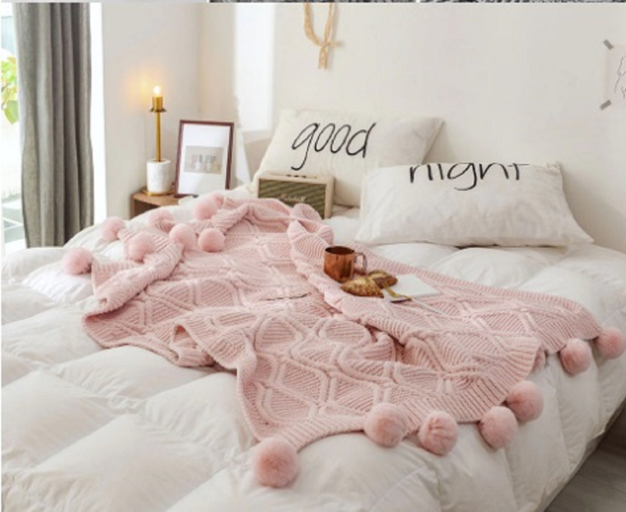Rosa Weiche Decke mit Pom Poms Schicke Strickdecke mit | Etsy