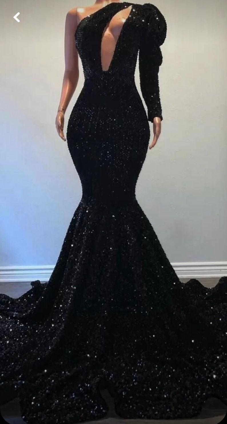 Black Long Sequins Velvet Prom Dressone Shoulder Puffy Sleeve - Etsy