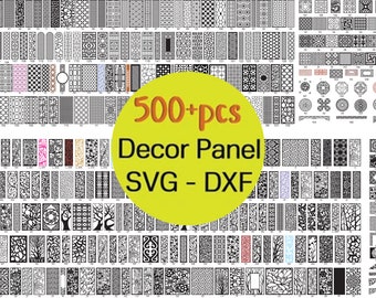 Op de afbeelding: Een verzameling van meer dan 500 decoratieve paneelontwerpen in zwart en wit. De ontwerpen zijn gerangschikt in rijen en kolommen en omvatten een verscheidenheid aan geometrische, florale en abstracte patronen. De tekst "500+ pcs Decor Panel SVG - DXF" wordt weergegeven in een gele cirkel.