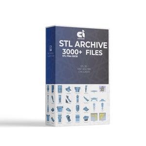 May include: A blue box with the text "STL ARCHIVE 3000+ FILES" and "STL Files 50GB". The box also includes the text "STL 3D CNC ROUTER CNC LASER". The box has a variety of 3D models of architectural elements on the front.