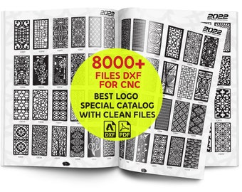 Può includere: Pagine di catalogo aperte che mostrano numerosi design di pannelli decorativi neri, ciascuno con un codice. Il catalogo include il testo "8000+ FILES DXF FOR CNC BEST LOGO SPECIAL CATALOG WITH CLEAN FILES" e l'anno "2022".