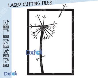 May include: Black and white silhouette of a dandelion with seeds blowing in the wind. The image is framed in a black square.