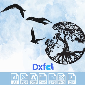 Peut inclure: Silhouette noire et blanche d'un arbre de vie avec des racines et des branches, entouré de trois oiseaux s'envolant. L'arbre est en forme de cercle.
