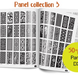 May include: An open book with black and white illustrations of decorative panels. The book's title is "Panel collection 3". A yellow circle with the text "50+pcs Panel DXF" is in the lower right corner.