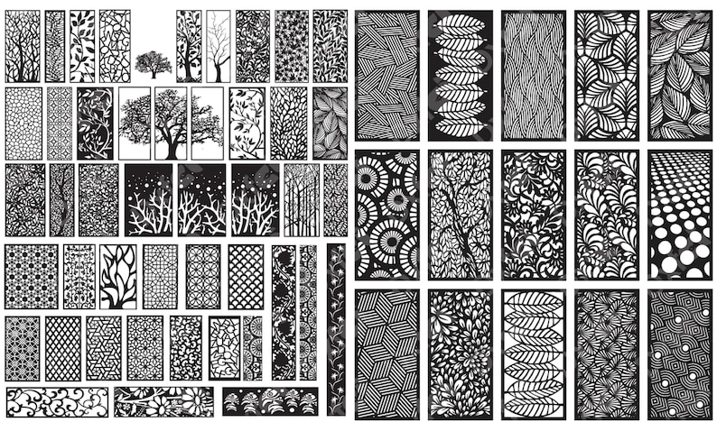 May include: A collection of 48 black and white laser cut designs featuring various patterns, including geometric shapes, floral motifs, and abstract designs. These designs are perfect for creating decorative screens, wall art, or other craft projects.