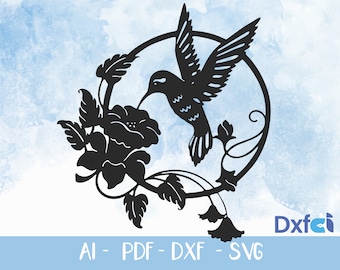 May include: A black silhouette design featuring a hummingbird hovering over a flower, enclosed within a circular frame with leaves and vines. The text Dxfci is visible in the bottom right corner, with AI, PDF, DXF, and SVG text below.
