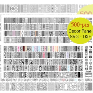 May include: A collection of over 500 decorative panel designs in SVG and DXF formats. The panels feature various geometric, floral, and abstract patterns in black and white, suitable for laser cutting or CNC projects.