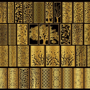 Pode incluir: Um conjunto de 36 painéis de tela de corte a laser de cor dourada com vários desenhos geométricos e florais. Os painéis estão dispostos em uma grade.