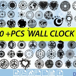 60 peças + modelos de relógios pacote relógios svg relógio de parede dxf, modelos de relógios decoração de parede relógios arquivos dxf para peças de arquivo cortadas a laser svg pacote grande