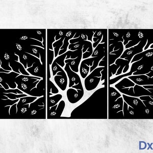 May include: A triptych wall art piece featuring a stylized tree design. The artwork is composed of three panels, each with a black background and a white tree silhouette with leaves. The design is modern and minimalist.