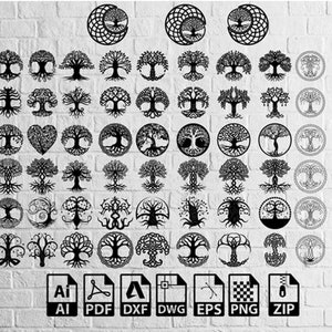 May include: A collection of 50 black and white tree of life designs. The designs are in a variety of styles, including circular, heart-shaped, and abstract. The designs are perfect for use in crafts, home decor, and more.