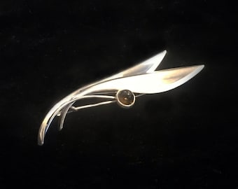 Finnish Silver & Agate Floral Brooch Kupittaan Kulta Finland c.1970s