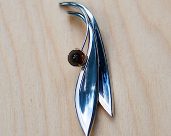 Finnish Silver & Agate Floral Brooch Kupittaan Kulta Finland c.1970s