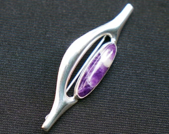 Vintage Modernist Silver Brooch with Amethyst Stone from Finland (circa 1960s)