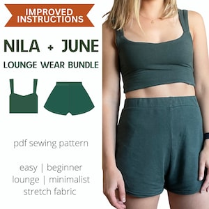Conjunto de shorts June + NILA Crop Top Bundle Padrão de costura fácil A4 Letter | PDF Baixar Lounge Wear Roupa de dormir | Padrões de costura modernos