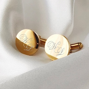 Mens Custom Engraved Cufflinks | Cuff Links Wedding Anniversary Gift for Him Father of Bride Day Black Gold Silver Chrome Round Calligraphy