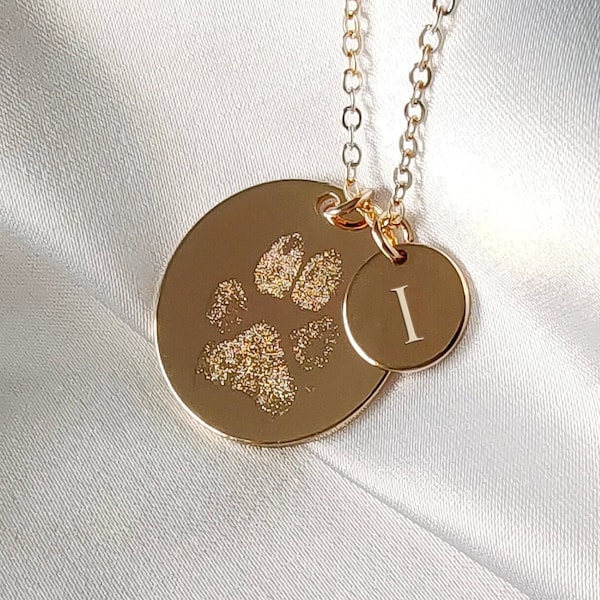 Custom Engraved Paw Print Necklace | Pawprint Gift Personalized Customized Memorial Actual Real Dog Cat Round Pet Loss Gold Silver Rose Ink