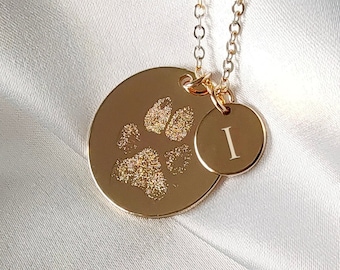 Custom Engraved Paw Print Necklace | Pawprint Gift Personalized Customized Memorial Actual Real Dog Cat Round Pet Loss Gold Silver Rose Ink