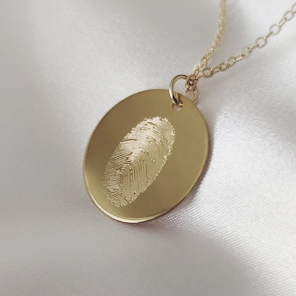 Engraved Fingerprint Pendant Necklace | Gold Silver Round Custom Made Actual Gift Personalized Customized Memorial Mourning Print Hand